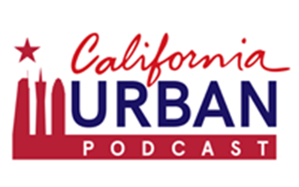 A red white and blue logo for the california urban podcast.